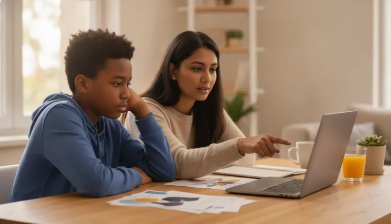 Family comparing online high school diploma options at home
