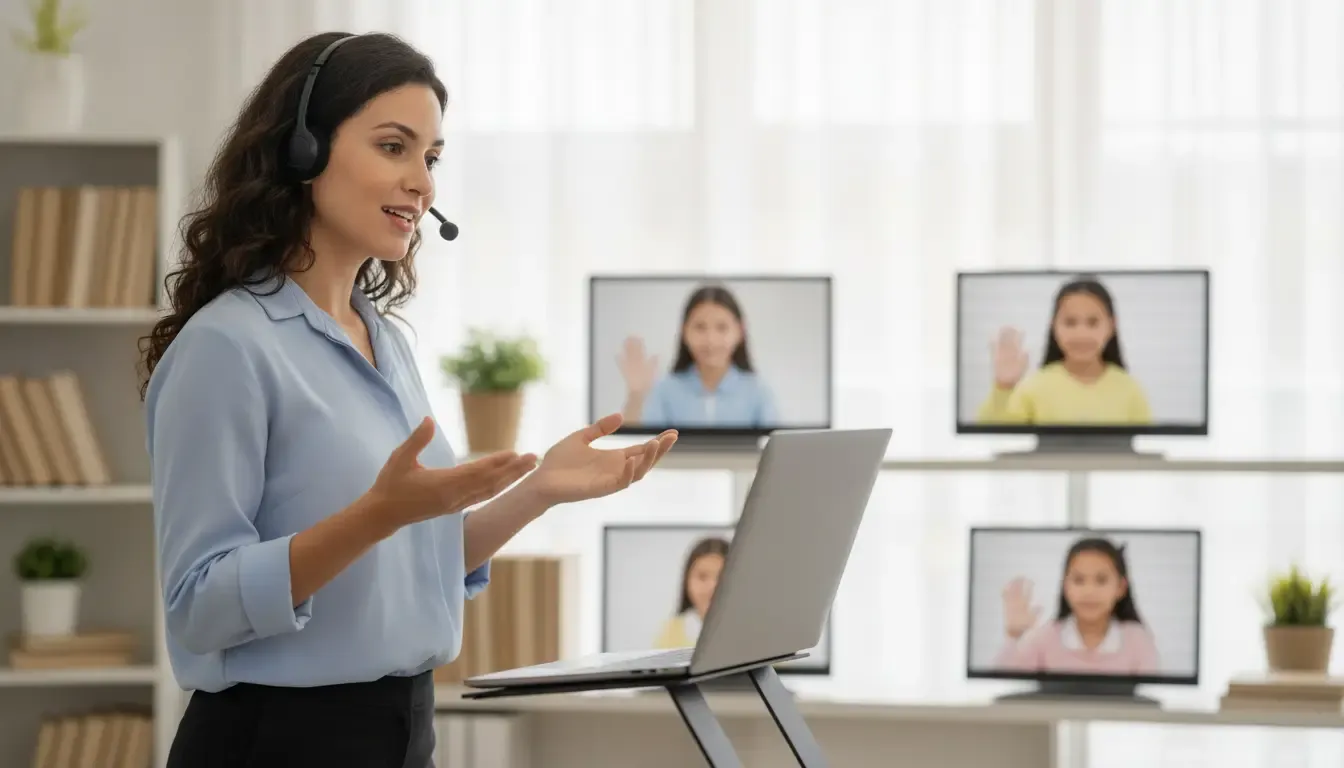 Teacher guiding students during a live bilingual online school class