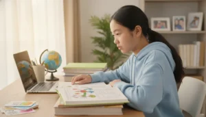 High school student studying online in a bright home learning space