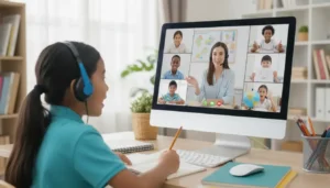 Bilingual online school with live instruction and students participating in a virtual classroom