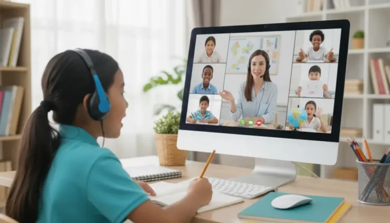 Bilingual online school with live instruction and students participating in a virtual classroom