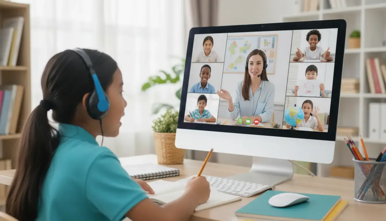 Bilingual online school with live instruction and students participating in a virtual classroom