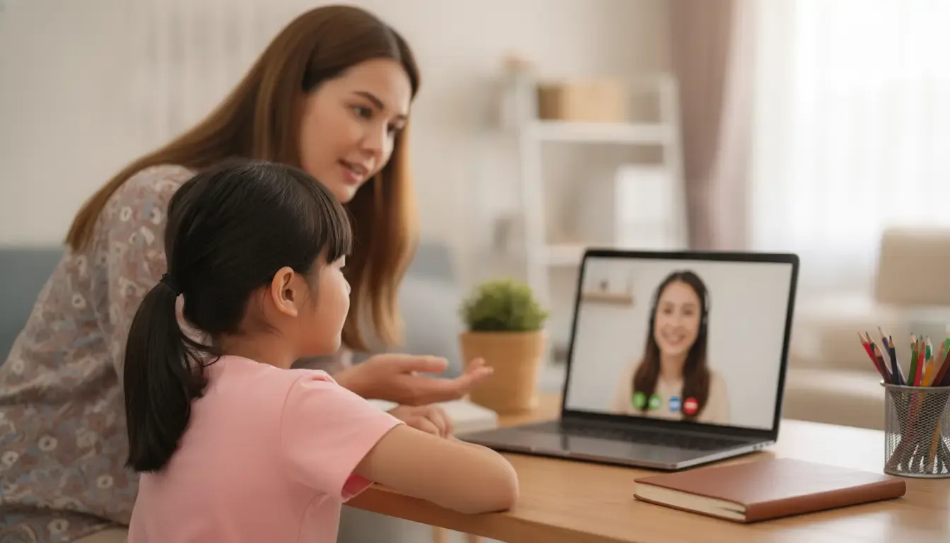 Parent discussing student progress with a bilingual online teacher