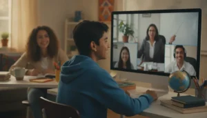 Students participating in a live online high school class with a teacher