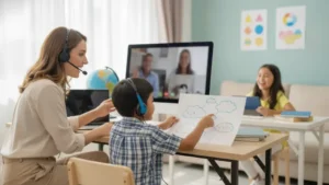 Teacher and students participating in a small online class