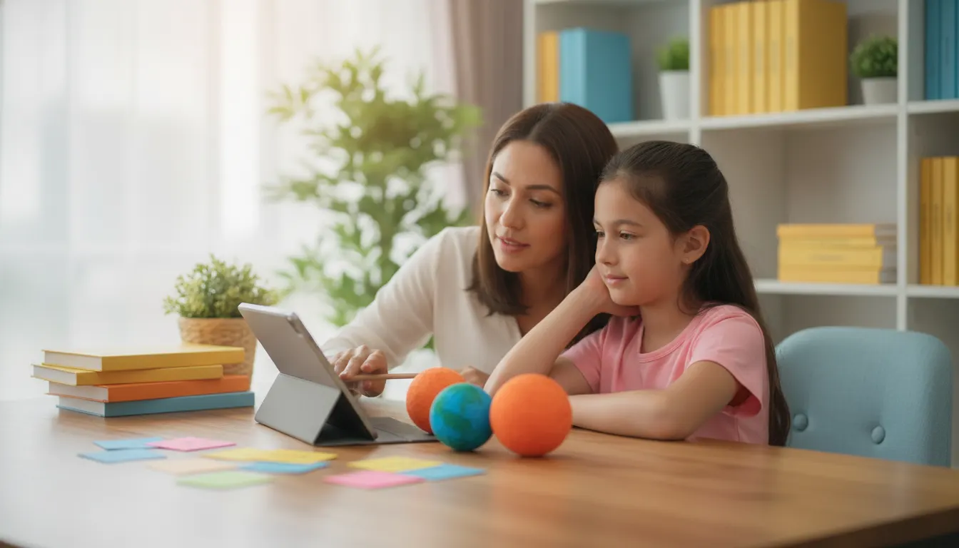 Parent and student comparing online school questions with an advisor
