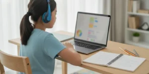 Student attending a live online K-12 lesson at home with a laptop and notebook