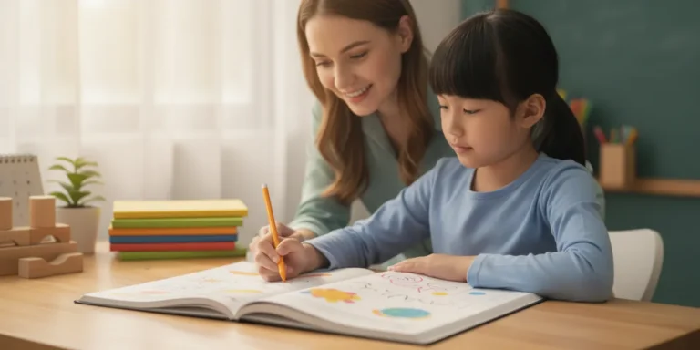 Elementary-age student learning English and Spanish in a bright home study space