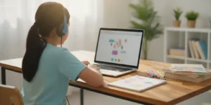 Elementary student practicing Spanish with a laptop and notebook at home