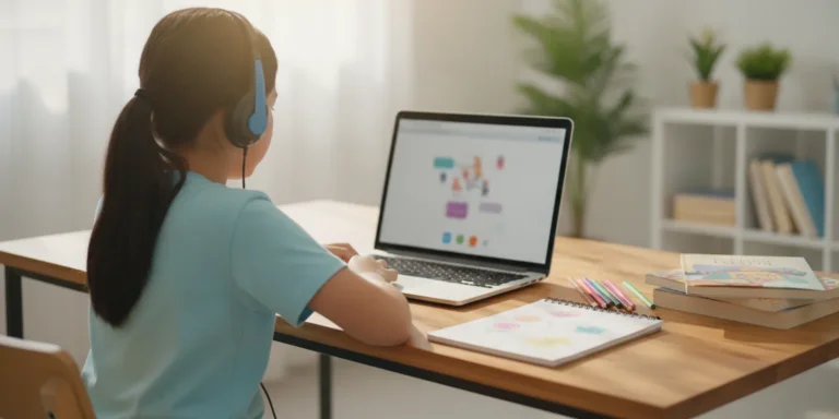 Elementary student practicing Spanish with a laptop and notebook at home