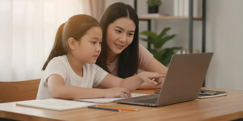 Parent and student reviewing online school information together at a laptop