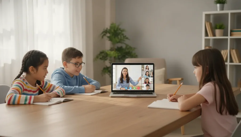 Students participating in a live online class from a bright home learning space