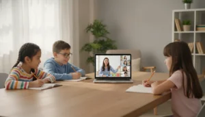 Students participating in a live online class from a bright home learning space