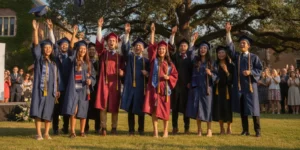 High school graduates celebrating together at an outdoor commencement ceremony