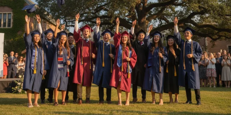 High school graduates celebrating together at an outdoor commencement ceremony