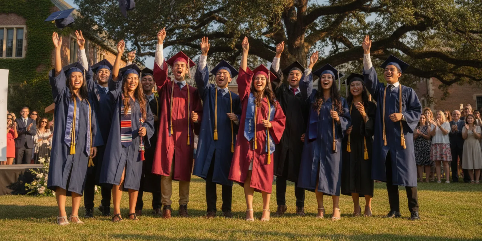 High school graduates celebrating together at an outdoor commencement ceremony