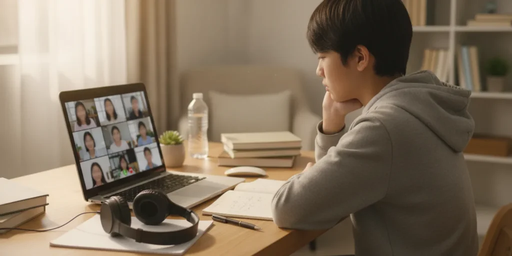 Student joining a live bilingual high school class from a quiet home study space