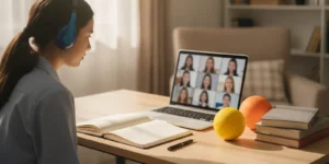 A high school student attends a live Spanish lesson at a laptop from a quiet study space at home.