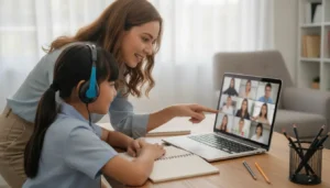 A parent and student review a live online class together at a home desk