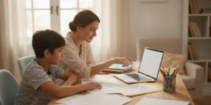 Parent and student reviewing an online school enrollment checklist at a home desk