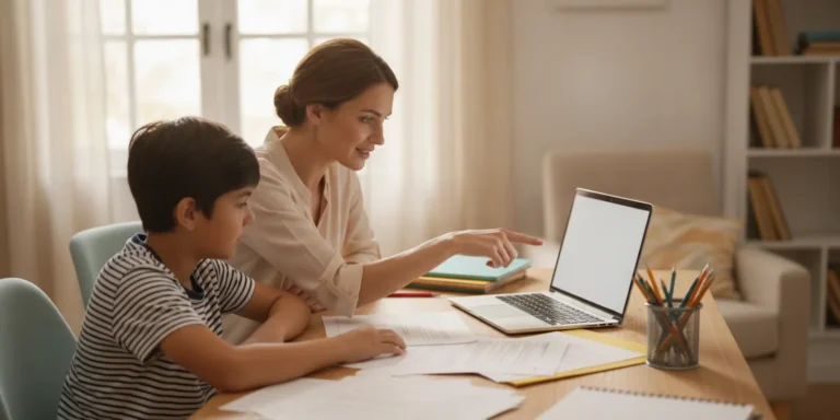 Parent and student reviewing an online school enrollment checklist at a home desk