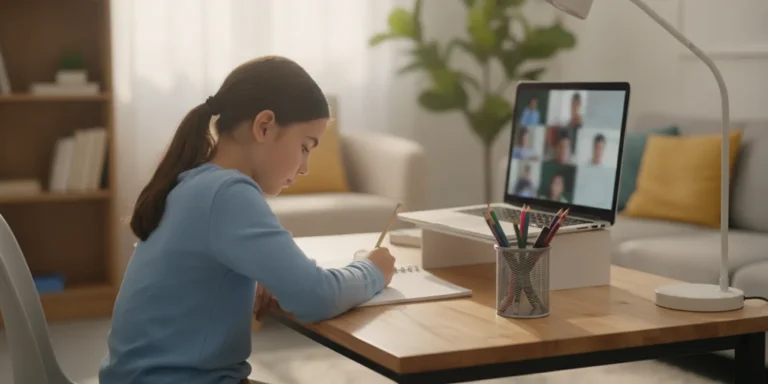 Student working on online school lessons at a home desk