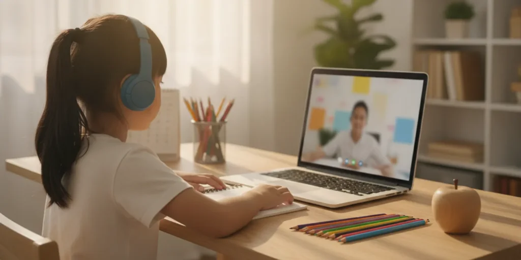Kindergarten student joining a live Spanish lesson from home