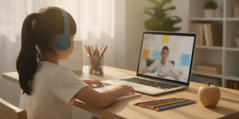 Kindergarten student joining a live Spanish lesson from home
