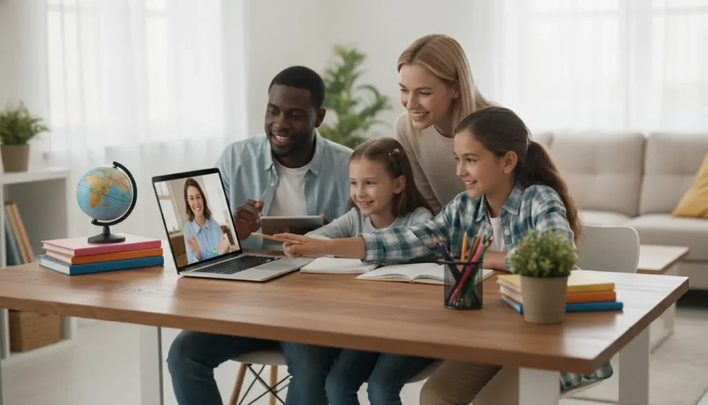 Familia de Minnesota comparando opciones de educación en línea con una docente