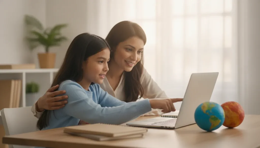 Familia comparando opciones de escuela bilingue en linea