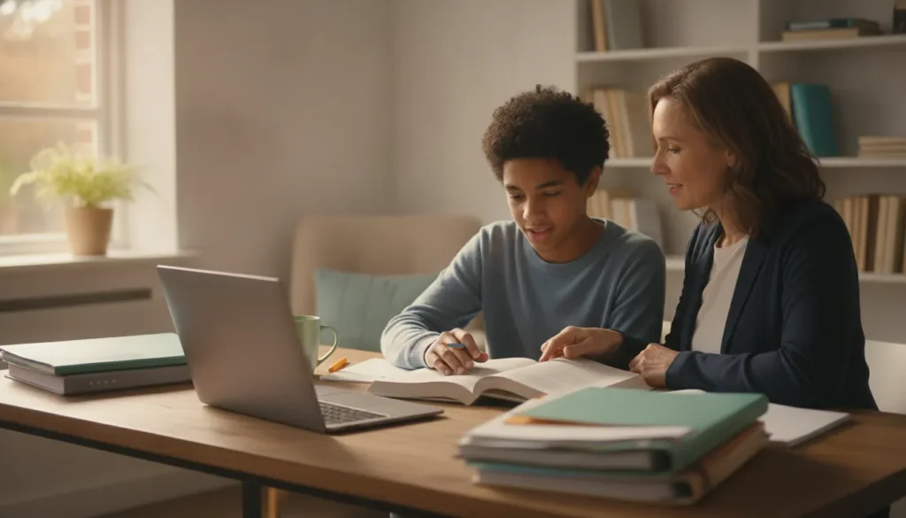 Parent and student reviewing an online dual language high school pathway