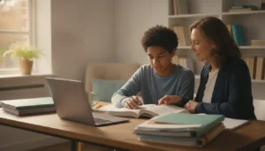 Parent and student reviewing an online dual language high school pathway