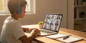 High school student studying at a desk during a live online class at home