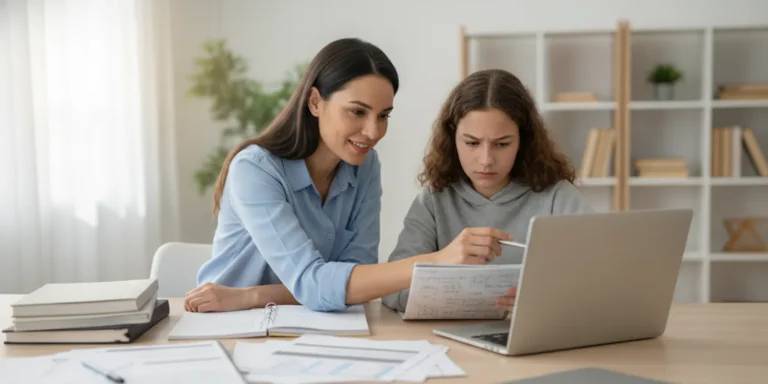 Parent and high school student reviewing online coursework together at home