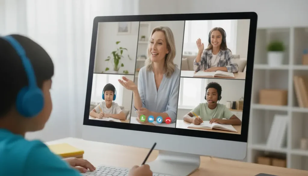 Teacher and students connecting during a live online school community class