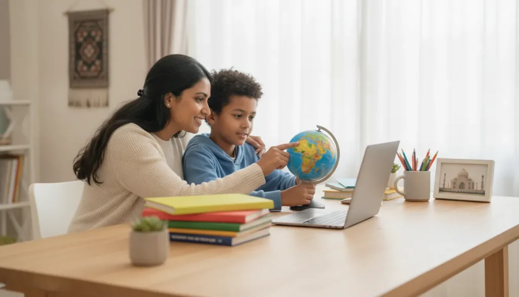 Parent and student reviewing online school options for an expat family