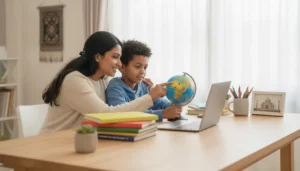 Parent and student reviewing online school options for an expat family