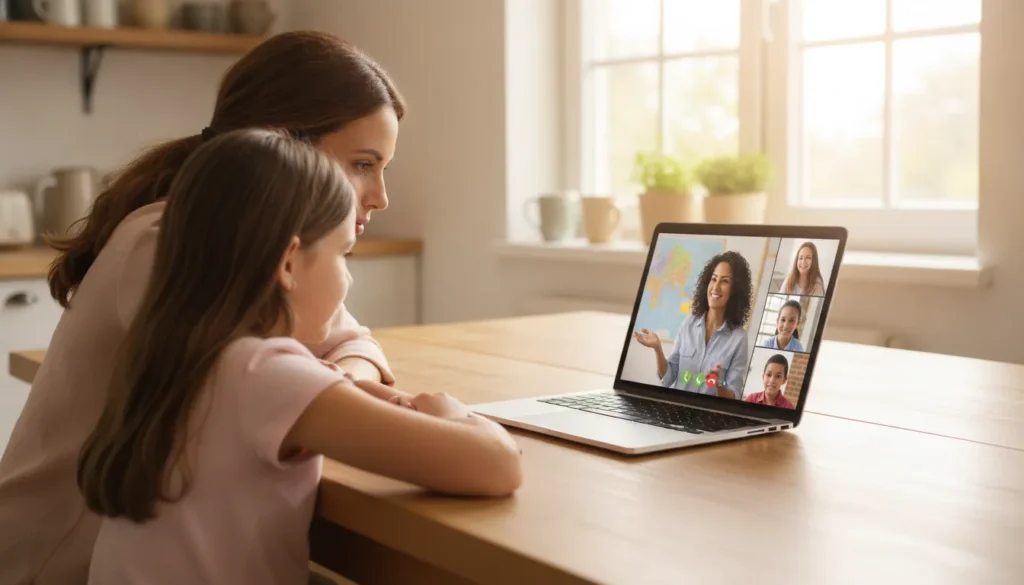 A parent and child watch a live online Spanish class together at a kitchen table