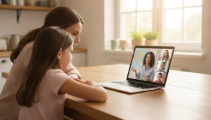A parent and child watch a live online Spanish class together at a kitchen table